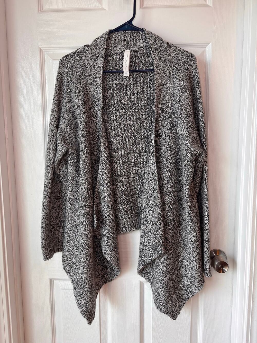 Aeropostale Women’s Large Marled Knit Open Front Waterfall Cardigan Gray Black